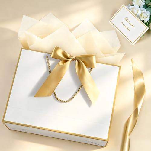 Image of JMANNI Gift Bags with Handles, 11 inch Small Gift Bag for Presents, 2 Pcs Bags with 4 Tissue Paper and 2 Cards for Graduation Baby Shower Wedding Fathers Day Mother's Day Birthday Party (Golden-White)