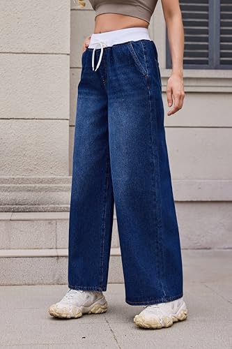Women's Casual Stretch Mid-Waist Wide-Leg Jeans and Pocket Denim Trousers3