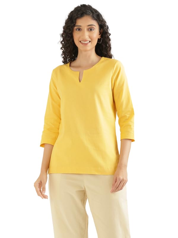 Image of SAADAA Airy Linen Split Neck Short Kurta for Women | Casual & Office Wear | 3 /4 Sleeves, Comfortable Fit | Elegant Top | Lightweight & Breathable Fabric |