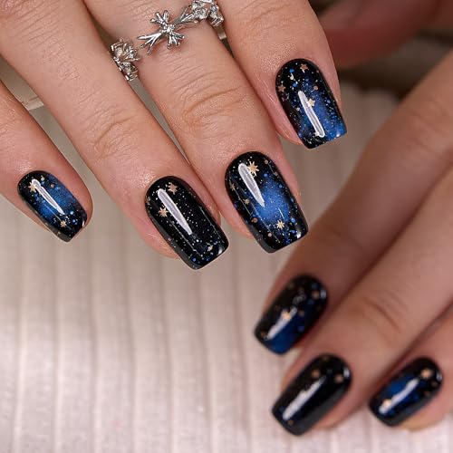 Image of CurvLife Shrot Square Press On Nails, Starry Sky Black, Soft Gel