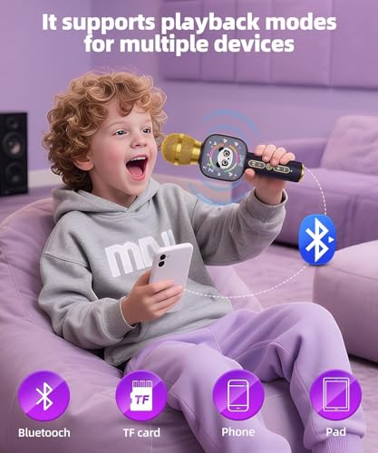 Image of ShinePick Karaoke Mic with Speaker for Kids & Adults, Wireless Bluetooth Microphone for Singing, 5 Magic Voice Changer, RGB Lights, Portable Mike Gift,1200mAh Battery, Type-C Charging (Purple)