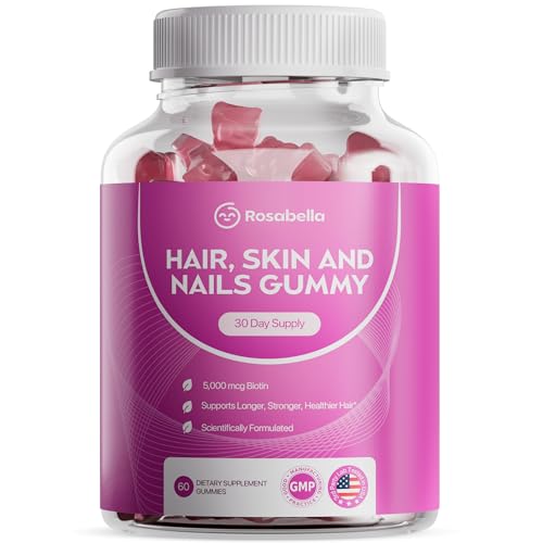 Image of Rosabella Hair Growth Gummies for Women & Men - Vegan Hair Gummies with 5000mcg Biotin - Hair Vitamins for Strong, Healthy-Looking Hair - Gummy Biotin Supplement - 60 Count