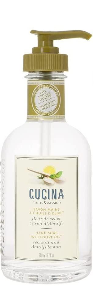 Fruits & Passion Cucina Kitchen Hand Soap, Sea Salt & Amalfi Lemon, Natural Soap with Cold-Pressed Olive Oil, Vegan Moisturizing Formula in Refillable Glass Hand Soap Dispenser, 6.76 fl oz