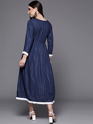 Image of INDO ERA Women's A-Line Striped Viscose Rayon Ethnic Dresses for Women