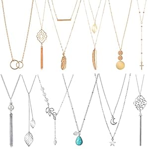 Hicarer 12 Pieces Long Pendant Necklace Set Y Tassel Leaf Circle Bar Necklace for Women