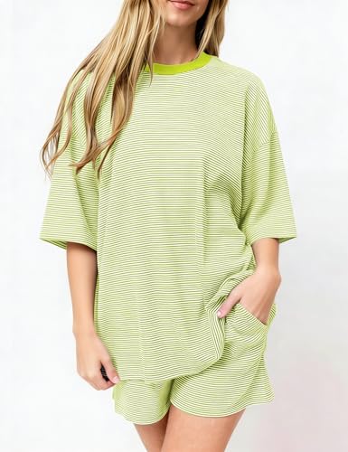 Image of Ythomm Striped Pajamas Shorts Sets Women 2 Piece Lounge Outfits Short Sleeve Tees Drawstring Shorts Summer Matching Pj Sets