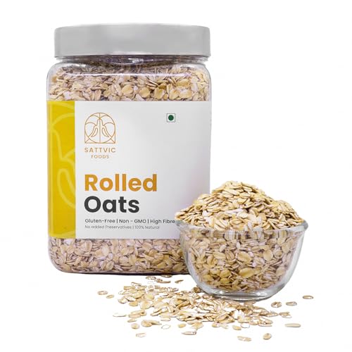 Image of Sattvic Foods Jumbo Rolled Oats (1 kg PET Jar) | Gluten-free, Large Old Fashioned Rolled Oat Flakes | High in Fibre and Protein | Make Oatmeal, Overnight Oats, Muesli, Granola bars, Use in Baking