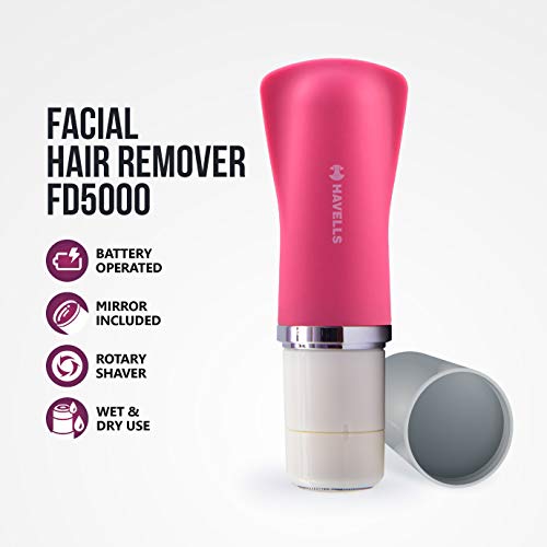 Havells Lady Facial Hair Remover | Rotary Blades for Clean and Smooth Touch for Upper Lips, Chin & Cheeks | Wet & Dry Use | Battery Powered | Mirror Included | Hot Pink | FD5000 - Image 3