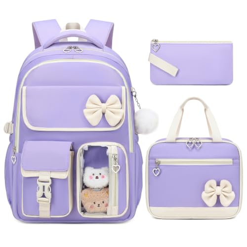 GeeWin Mochila para meninas para escola com lancheira, conjunto de lápis, 43 cm, linda bolsa de livros para meninas, à prova d'água para crianças, adolescentes, Roxo e bege, 17 Inch, Clássico