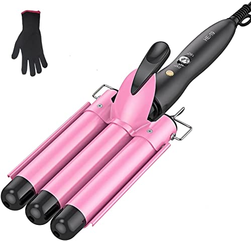 Crimper Hair Iron ,Hair Waver 3 Barrel Curling Iron Wand 1 Inch Hair Crimper Tourmaline Ceramics Triple Barrels Hair Crimper and Wavers Heat Up Quickly Mermaid Beach Waves Curling Iron Pink