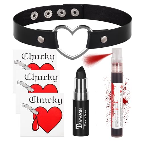 Go Ho Horror Bride Body Paint Makeup Set with Black Lipstick Adjustable PU Leather Choker Fake Blood Spray 3PC Bloody Love Stickers - Halloween Costumes Gothic Bride Punk Accessories Kit