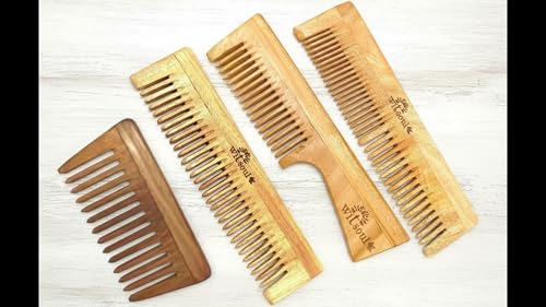 Image of WITSOUL Neem Wood Comb ORGANIC /Ayurvedic /Anti-Dandruff Comb For Men And Women /Brown color / (SET OF 4 WITH SHOWER COMB)