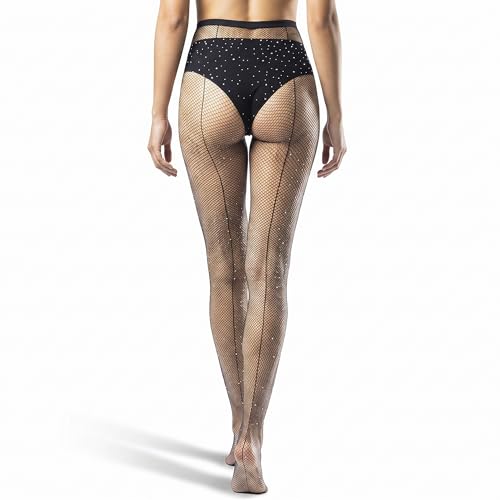 Image of Rhinestone Fishnet Tights with Back Seam for Women - High Waist Sparkling Pantyhose, Seamless Nude Mesh Stockings, Glitter Stretch Hosiery for Party, Dance, Clubwear (S-L)