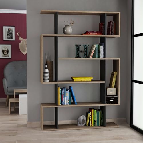 Totò Piccinni Libreria MIVO in legno 6 Ripiani dal design moderno 108,5x25x161h (Naturale/Antracite)