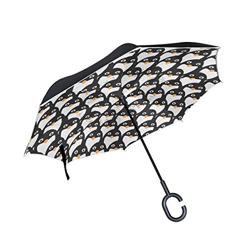 Preisvergleich Produktbild Orediy Doppelschichtiger Invertierter Regenschirm schwarz weiß Pinguine innen außen Auto Rückwärtsschirm groß Anti-UV Winddicht Regen Sonne Reise Regenschirm