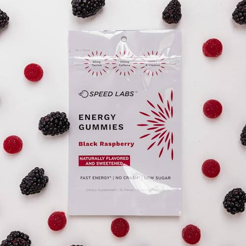 Image of Speed Labs Caffeine Energy Gummies Black Raspberry Natural, 25mg Caffeine, Taurine, B-Vitamins per Piece, 30 Pieces, Vegan, Gluten Free, 1g Added Sugar