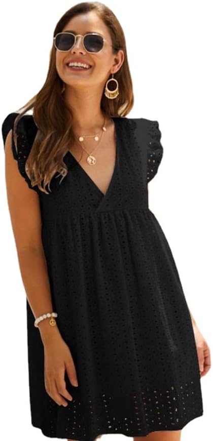 Vestido corto casual de verano para mujer, con ojales, cuello en V, manga con volantes, holgado, con vuelo, con vuelo, corto