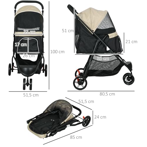 PawHut Hundewagen 2 in 1 Hundebuggy klappbar für Hunde & Katzen bis 10 kg Katzenbuggy mit Kissen Netzfenstern Türen Aufbewahrungskorb Katzenwagen Buggy Khaki