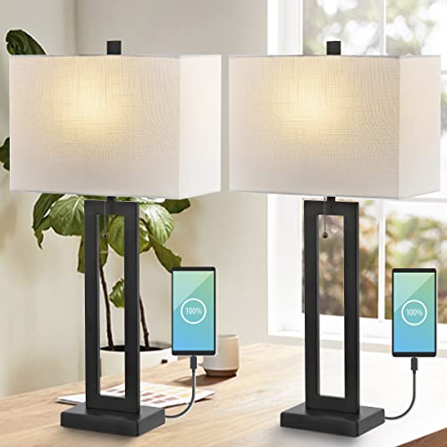 JONATHAN Y 28.5" Black Table Lamp Set of 2 with USB Port and Pull Chain, Modern Industrial Bedside Lamp for Living Room, Rectangular White Linen Shade, LED Bulb (JYL1126C-SET2) by JONATHAN Y - Image 6