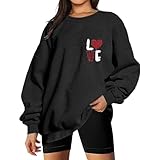 QJDFLL Geschenke Freund 2026 Damen Loose Fit Hoodie Herz Print Herbstmode Sweatshirt Top Langarmshirt Pullover(Schwarz,XL)