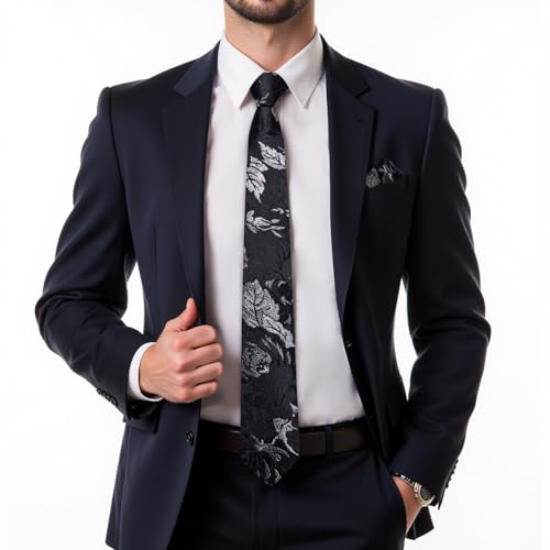 Image of DiBanGu Mens Zipper Ties Silk Adjustable Necktie Pocket Square | Paisley /Striped Pattern,Pre-tied Gift Tie Sets,Jacquard Woven,Pocket Square Cufflinks,Great for Formal & Business Wedding
