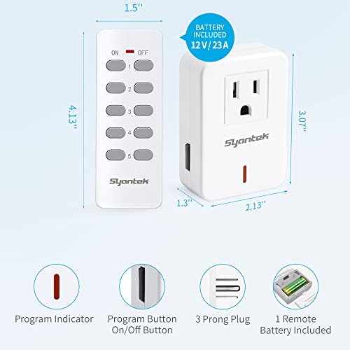 Syantek Remote Control Outlet Wireless Light Switch For Household Appliances, Expandable Remote Light Switch Kit, Up To 100 Ft Range, Fcc Certified, Etl Listed, White (5 Outlets + 2 Remotes) #TOP6