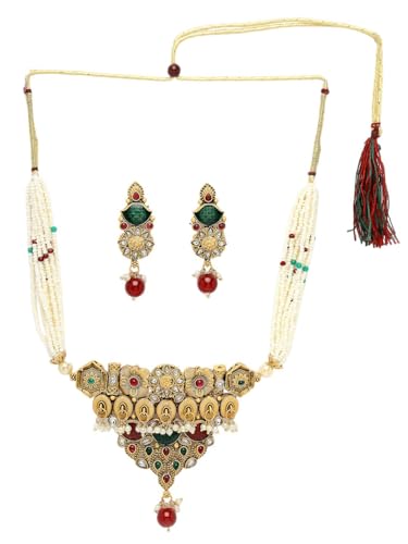 Image of Adiva Stylish Traditional Gold-Plated Kundan Stone Pearls & Beads Meenakari Handcrafted Necklace with Earrings Jewellery Set for Women & Girls