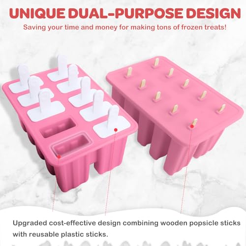 Image of 10-Cav Popsicle Molds, Silicone Ice Pop Mold for DIY Frozen Treats | with 10 Reusable Sticks, 50 Wooden Sticks, 50 Storage Bags, Funnel, Brush, Recipe, Make Healthy Pops, Smoothies, Juice