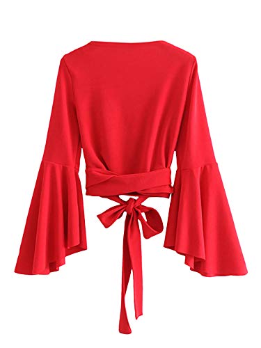 Sweatyrocks Women's Long Sleeve V Neck Tie Knot Bandage Wrap Blouse Crop Top Red M #TOP1