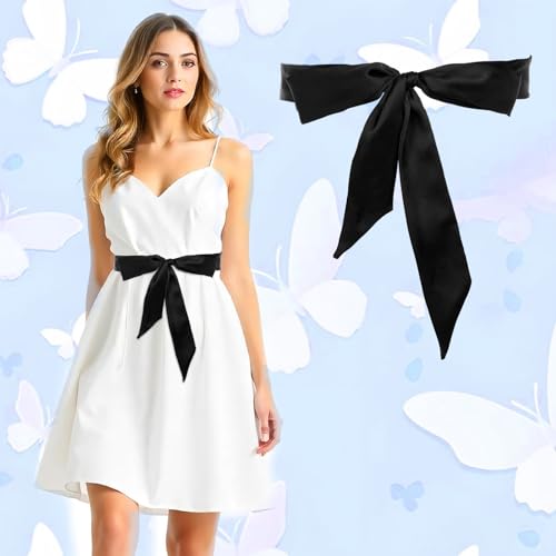 Bow Belts for Women, Long Double Side Satin Sash Belt Ceremony Belt for Wedding Bridal Special Occasion Dresses 2'' Wide(Black)2