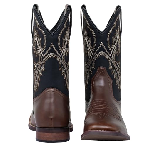 J's.o.l.e Western Mens Cowboy Boots Square Toe Wide Mid Calf Embroidered Pull On Retro Boot Brown2
