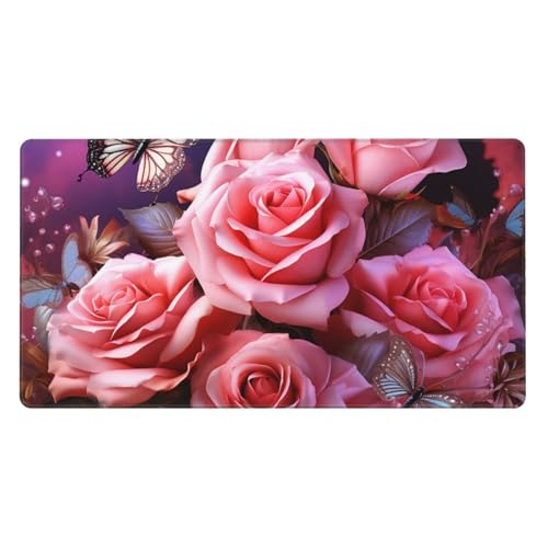 Tapis de souris de jeu rose et papillons grand format pour clavier d'ordinateur