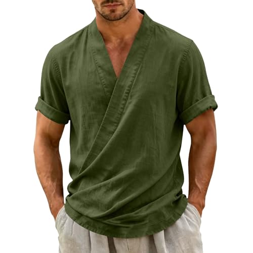 Men Linen Cotton Sleeveless Hanfu Vest, Traditional Chinese Tang Suit Kimono Cardigan, Casual Summer Kung Fu Style Tops(Blackish Green, L)