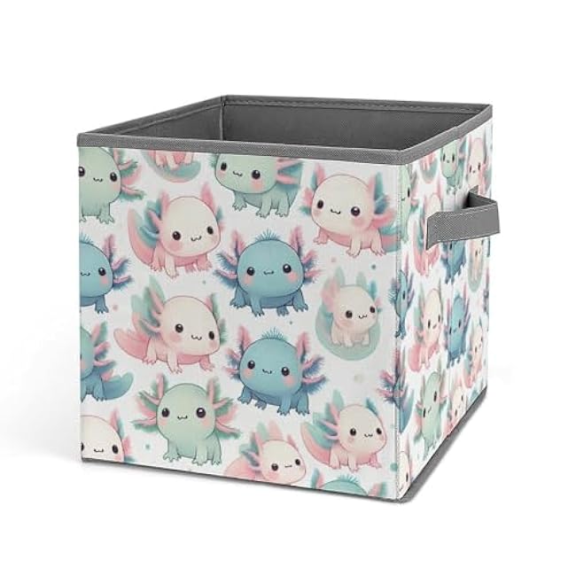 Storage Cubes Bin Bins Cute Watercolor Axolotl Collapsible Fabric 11 Inch Storage Baskets Boxes Closet Shelf Organizer with Handles Room Decor 1Pcs