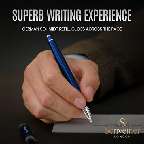 Image of Scriveiner Personalized Midnight Blue Rollerball Pen - Stunning Blue Lacquer Luxury Pen, Chrome Finish, Schmidt Ink Refill, Best Engraved Roller Ball Gift Set for Men & Women, Custom Name Engraving