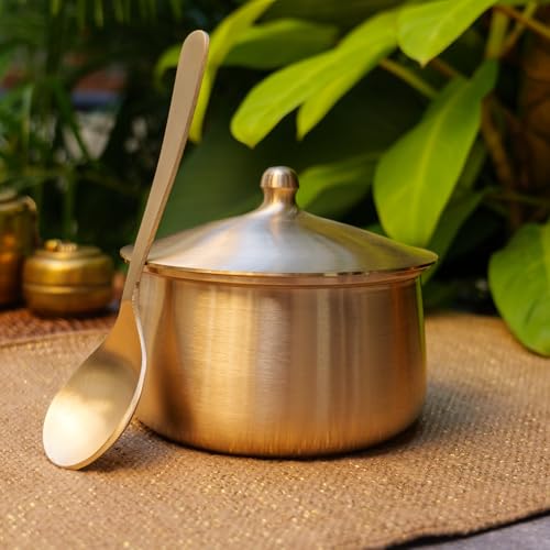 Image of Very Vogue Pure Kansa Serving Bowl (1000 ML) - Medium Size Handi /Tapeli /Bhagona with Serving Spoon | Golden Kansa Cook & Serve Vessel