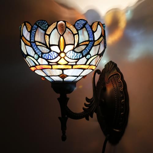 Image of Tiffany Wall Sconce Lamp Stained Glass 8X10.5X11 Inch Plug in Wall Bedside Light for Hallway Bedroom (Blue Purple Cloudy Style)
