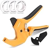 Mulwark PVC Pipe Cutter Tool Cuts up to 1-5/8', Heavy-Duty Aluminum Ratchet Cutter with Extra 3PC Teflon Tape and 1PC Blade for Cutting PVC, PPR, PE and Rubber Hose