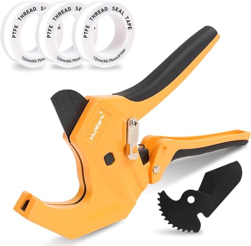 Mulwark PVC Pipe Cutter Tool Cuts up to 1-5/8', Heavy-Duty Aluminum Ratchet Cutter with Extra 3PC Teflon Tape and 1PC Blade for Cutting PVC, PPR, PE and Rubber Hose