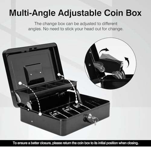 Polspag Cash Box with Lock and 2 Keys, Metal Money Box with Cash Tray,Large Locking Cash Boxes with Lock, Deluxe Lock Safe Box, Portable Cash Box with Adjustable Coin Box & Anti Slip Bottom Black - Thumbnail 4