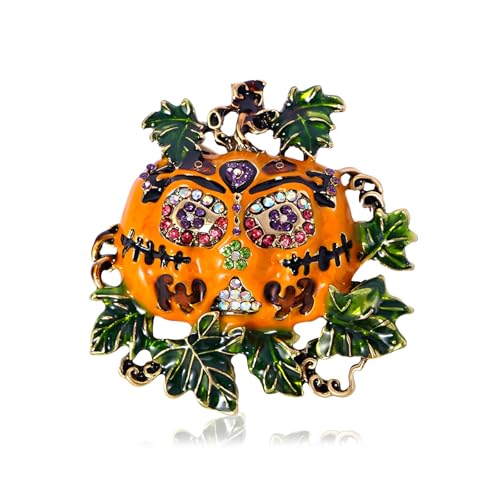Image of Rhinestones Spooky Pumpkin Enamel Brooch - CZ Crystal Green Leaves Gold Plated Halloween Lapel Pin for Women Men, Festival Party Statement Jewellery Gift