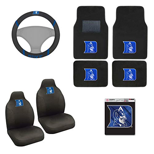 AAC FANMATS NCAA Carpet Floor Mats Bundle with Seat Covers, 3D Decal Sticker and Steering Wheel Cover for Duke Blue Devils Fans Officially Licensed(8 Items)