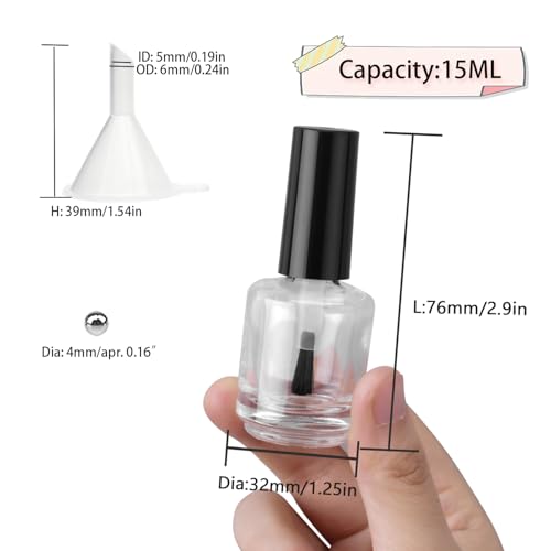 2PCS Empty Nail Polish Bottles with Rounded Brush,Empty Glass Clear Refillable Nail Polish Containers Vials with Mixing Balls & Funnels & Black Cap for DIY Nail Art Samples (15ML)2