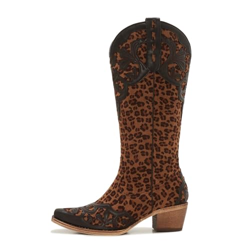 ZXHYZLZ Women's Knee High Leopard Print Cowboy Boots – Western Cowgirl Boots with Mid Heel Pull-On Style2