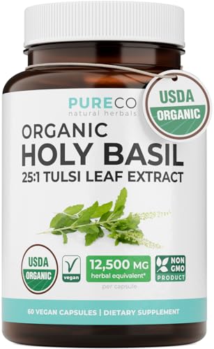 PURE CO USDA Organic Holy Basil Supplement High Potency Organic Holy Basil 500mg 25:1 Extract 1 Capsule Per Serving High Strength Tulsi Extract 60 Vegan Capsules Non-GMO & Made in USA