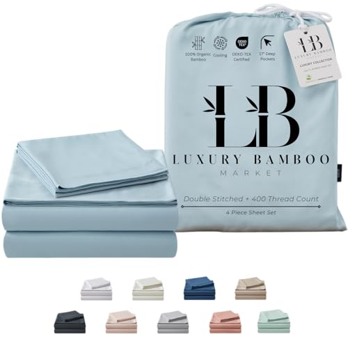 Image of Split King Size Sheet Set | 2 Fitted Sheets for Sleep Number & Adjustable Beds | Organically Grown | Ultra Soft & Cooling |100% Viscose | 17 inch Deep Pocket [Spa Blue]