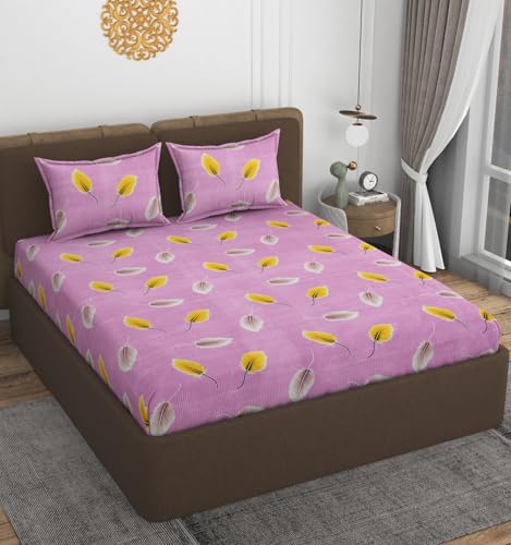 Image of VOMZER 320 TC Cotton Feel All Around Elastic Printed Fitted Queen Size Bedsheets, Supersoft Elastic Fitted Double Bedsheet with 2 Pillow Covers, Size 60x78x8 Inches, Pink Pankh