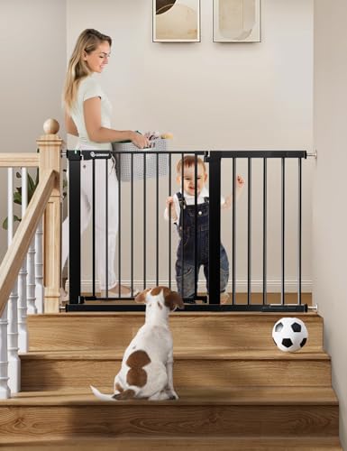 COMOMY 75 117cm Barrera Seguridad Niños Escaleras, Puerta para Perros Bebes de Cierre Automático con Señal Roja/Verde, Extra Ancho Valla Seguridad Infantil sin Agujeros (76cm H, Negro)