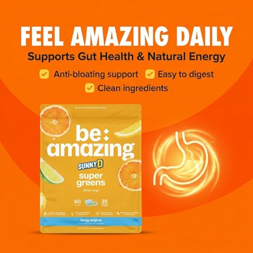 Image of BE AMAZING Super Greens Powder with Prebiotics, Digestive Enzymes & Antioxidants, 35 Fruits & Veggies, Electrolytes & Fiber, Vegan, Gluten Free Juice & Smoothie Mix, Sunny D, 25 Servings