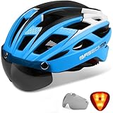 Basecamp Bike Helmet, Light Weight Bicycle Helmet CPSC Standard Cycling Helmet with Removable Visor&Safety Light for Adult Men&Women Mountain&Road Skateboarding Ski & Snowboard (BlueBlackWhite)